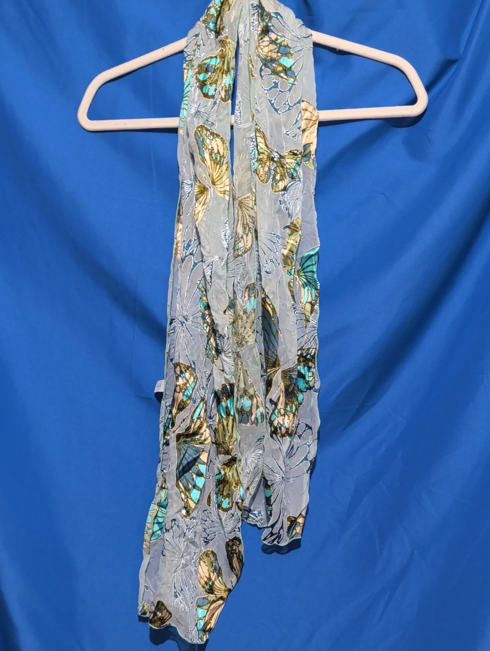 Dana Herbert Lightweight Butterfly Print Scarf in Gray and Turquoise 100% Silk
